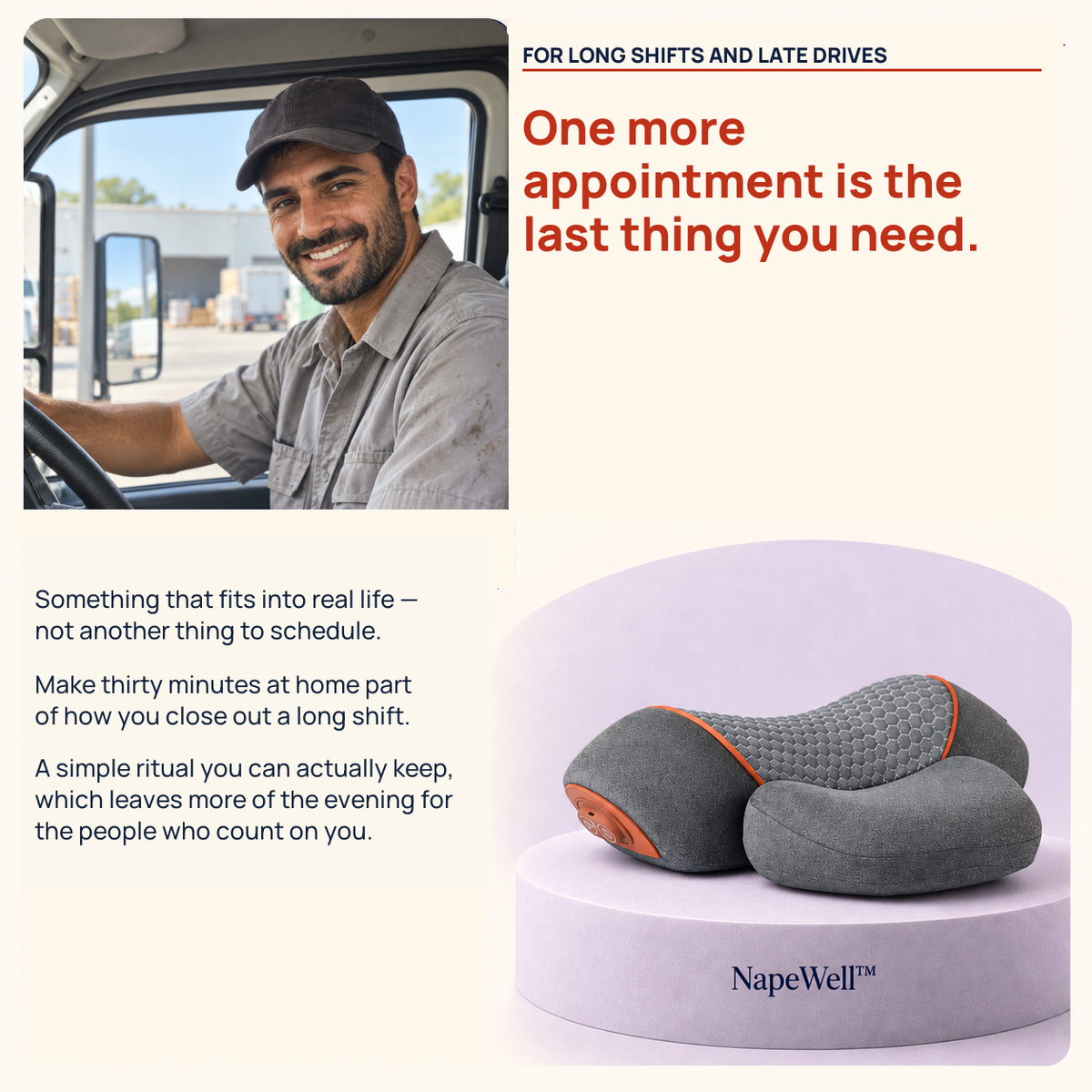 Promotional graphic for the NapeWell neck pillow, featuring a smiling man driving a truck in a lifestyle inset photo, product renderings on a lavender display stand, and marketing text on a cream background.