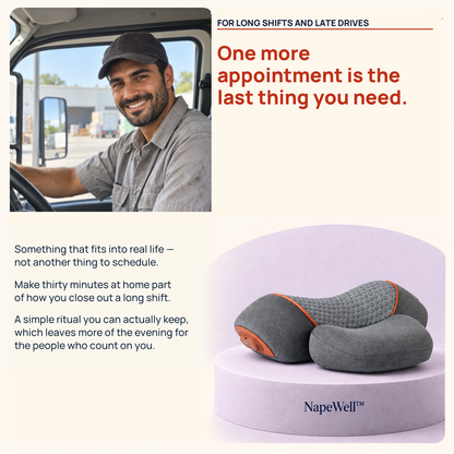 Promotional graphic for the NapeWell neck pillow, featuring a smiling man driving a truck in a lifestyle inset photo, product renderings on a lavender display stand, and marketing text on a cream background.