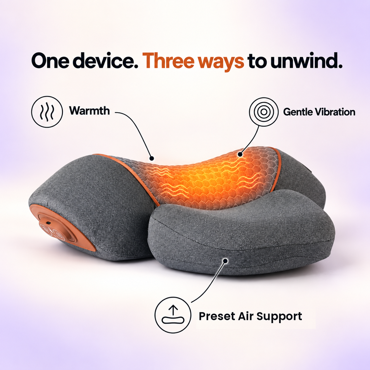 NapeWell device with callouts for warmth, gentle vibration and air support.
