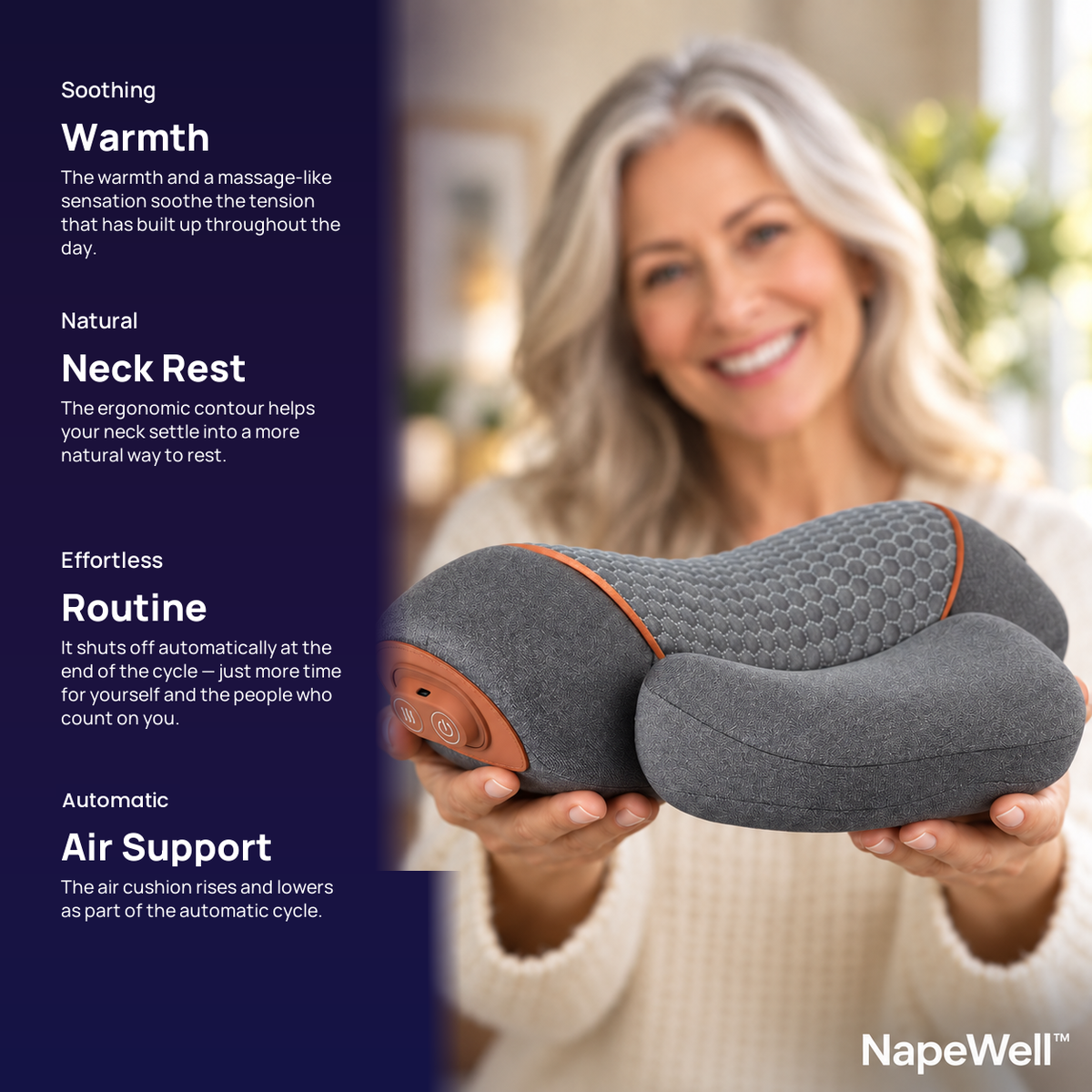 Woman holding NapeWell beside feature descriptions for warmth, neck rest, automatic shutoff and air support.