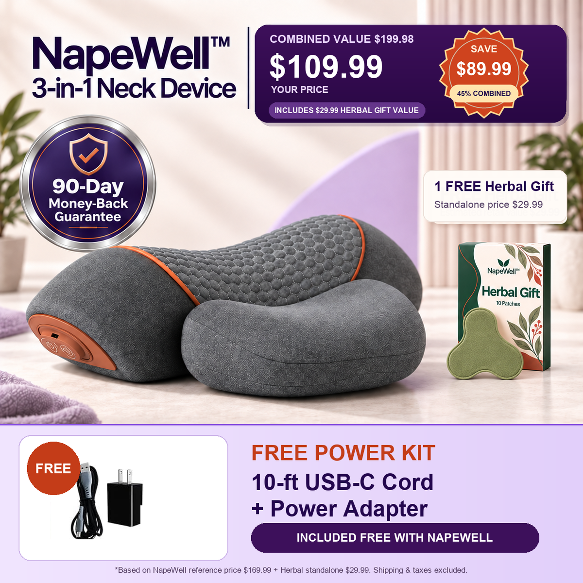 NapeWell neck device with power adapter, 10-foot USB-C cord and Herbal Gift beside offer details.