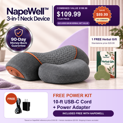 NapeWell neck device with power adapter, 10-foot USB-C cord and Herbal Gift beside offer details.