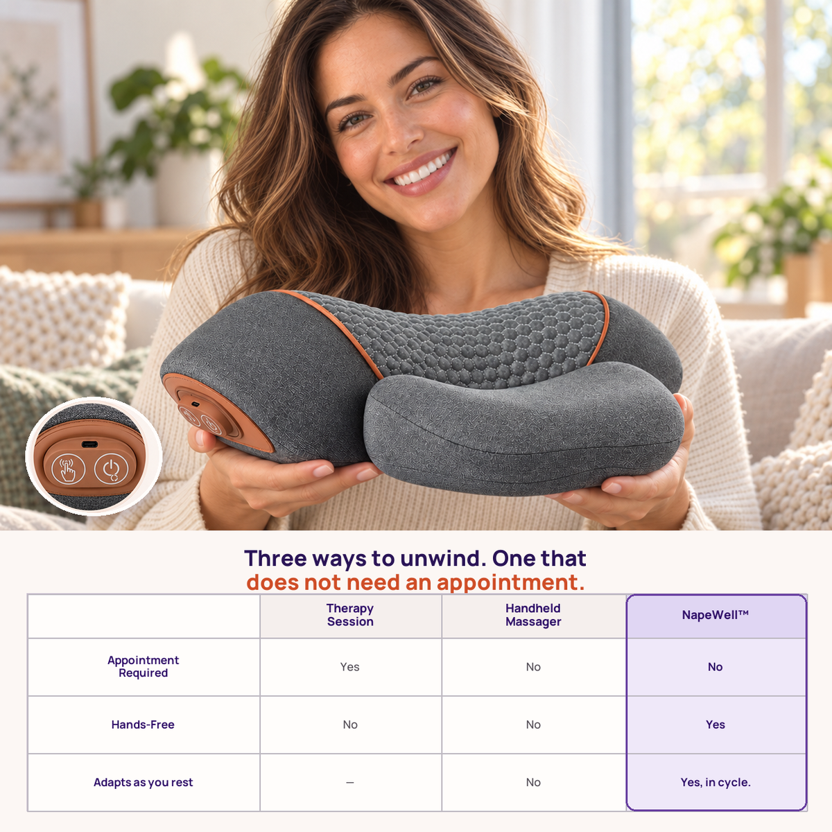 A woman in a cozy living room setting holds a gray NapeWell massage pillow. The image includes a circular inset showing the back controls of the pillow and a comparison table at the bottom detailing features like appointment requirement, hands-free use, and adaptability.