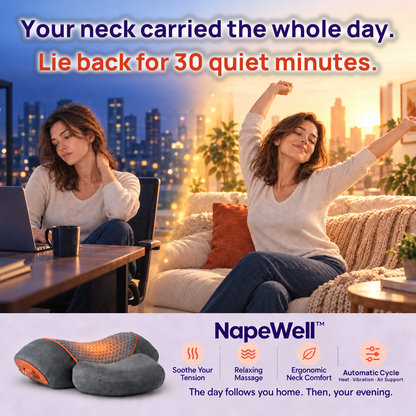 Woman tired at her desk at dusk, then relaxing on a sofa in warm light, with the NapeWell neck massager and feature icons.