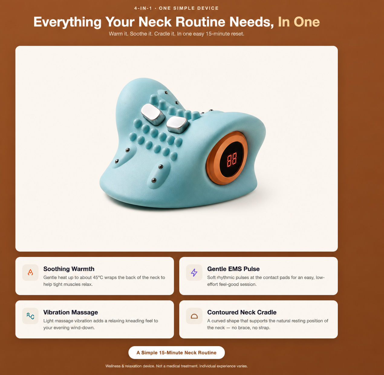 NexNest 4-in-1 feature gallery — warmth, gentle pulse, guided routine and one-touch control
