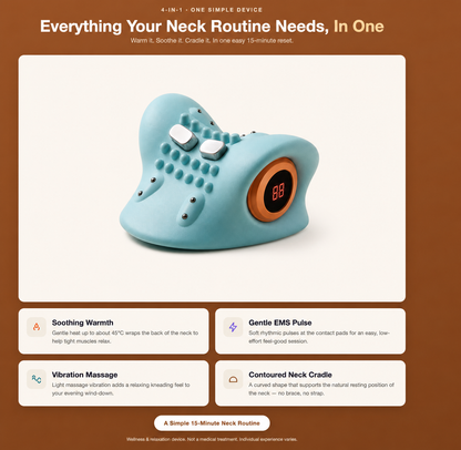 NexNest 4-in-1 feature gallery — warmth, gentle pulse, guided routine and one-touch control