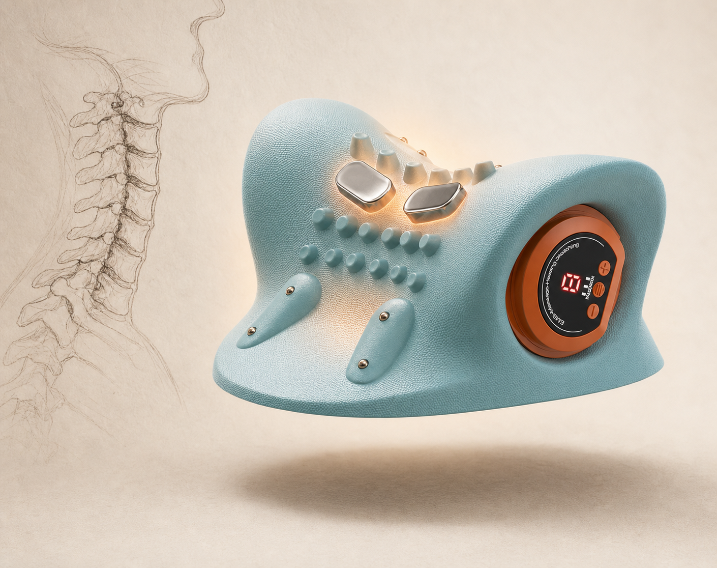 NexNest mechanism illustration - cervical anatomy backdrop with product hero