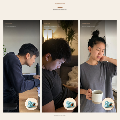 NexNest use-case triptych — three neck tension moments with product solution