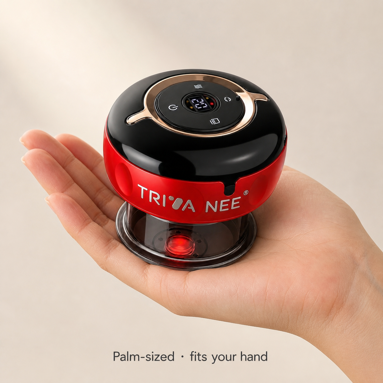 Trivanee smart cupping massager in hand scale product photo with logo reference
