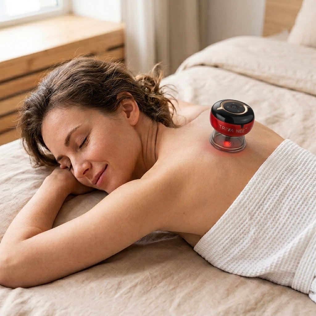 Trivanee smart cupping massager lifestyle use case for at-home neck and back relaxation