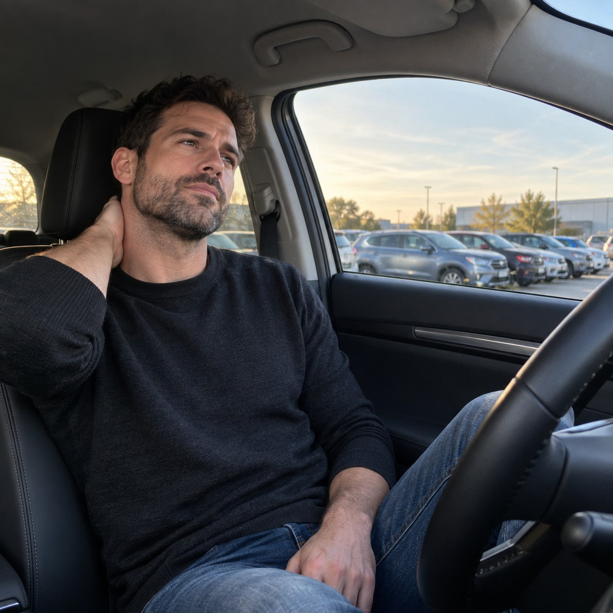Driver resting in a parked car with one hand at the back of the neck after a long route